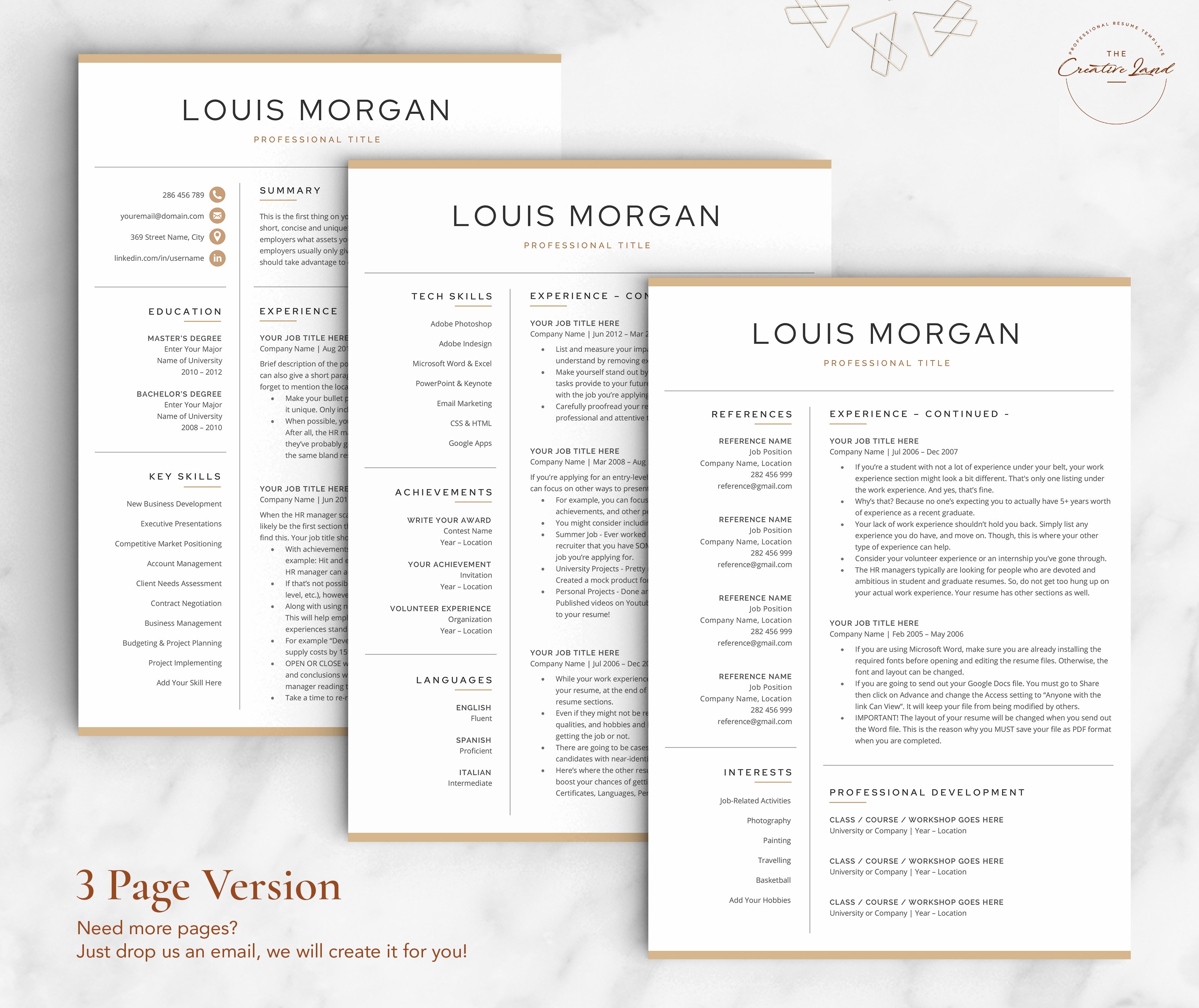 Three pages of a resume template on a marble background.