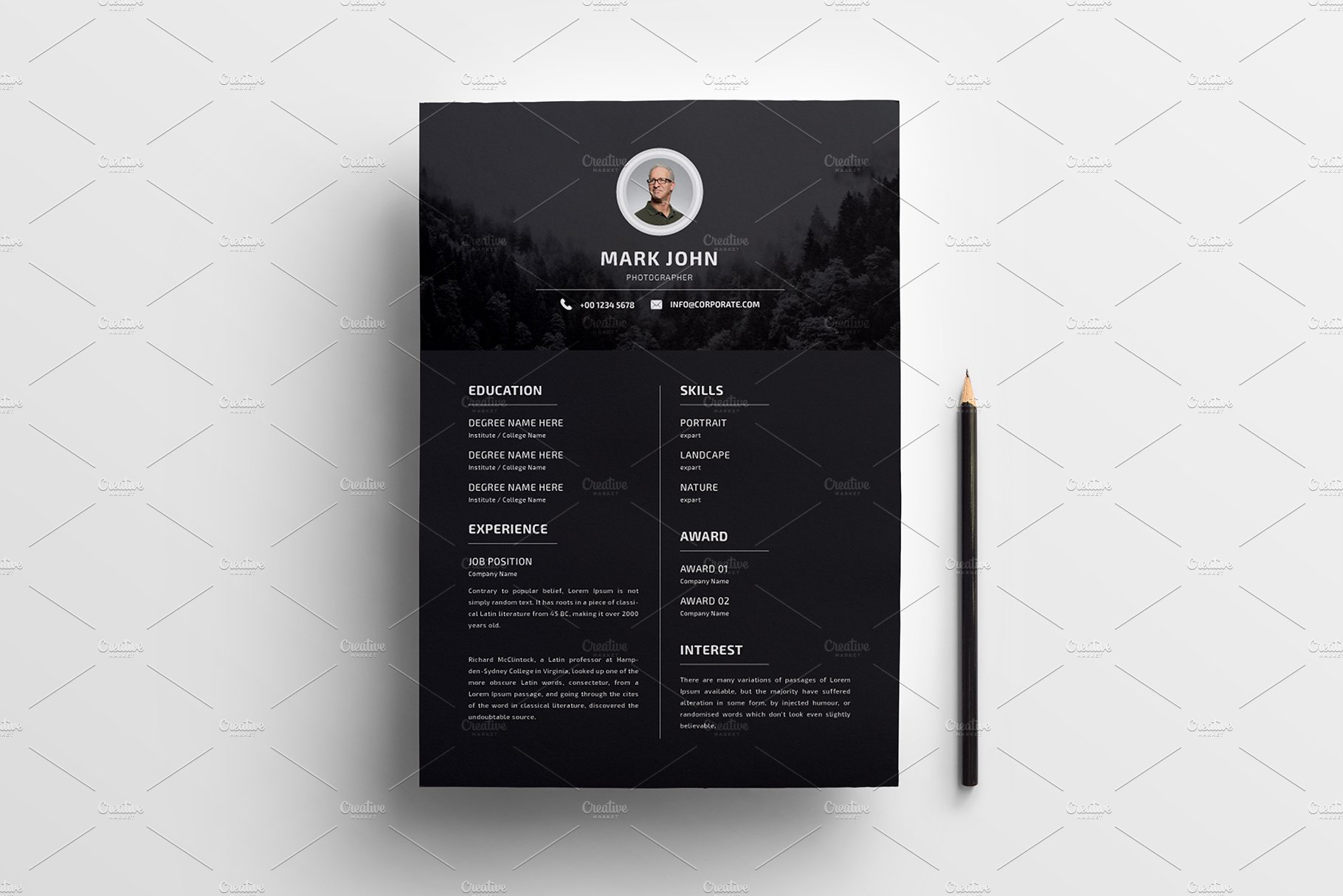 Black and white resume template with a pencil.