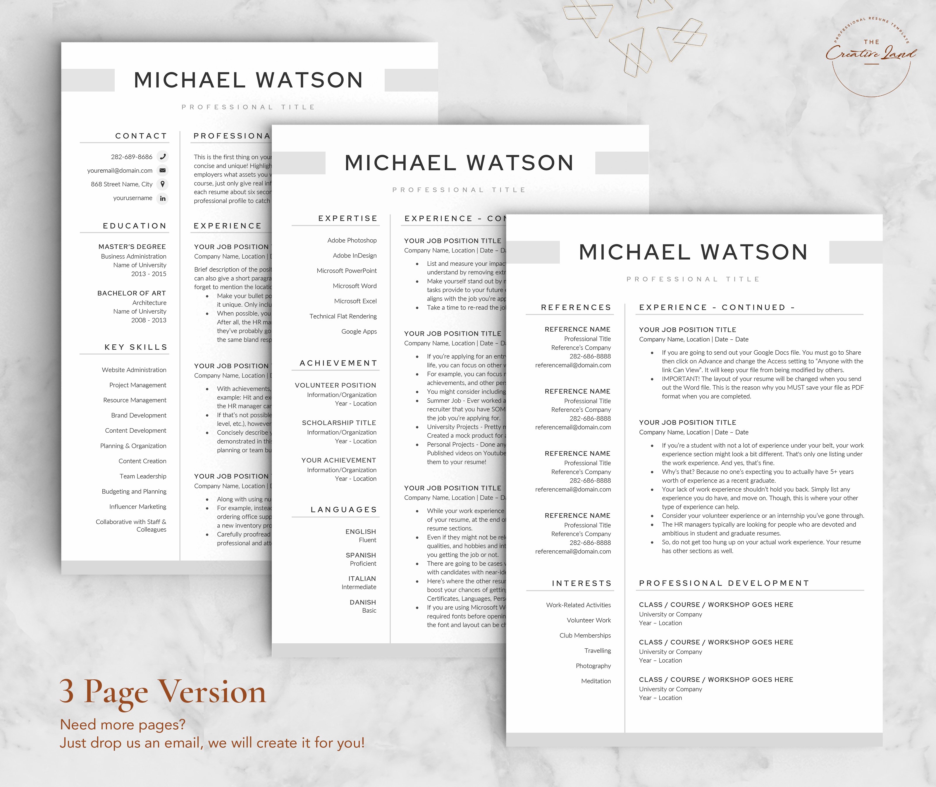 Three professional resume templates with a marble background.