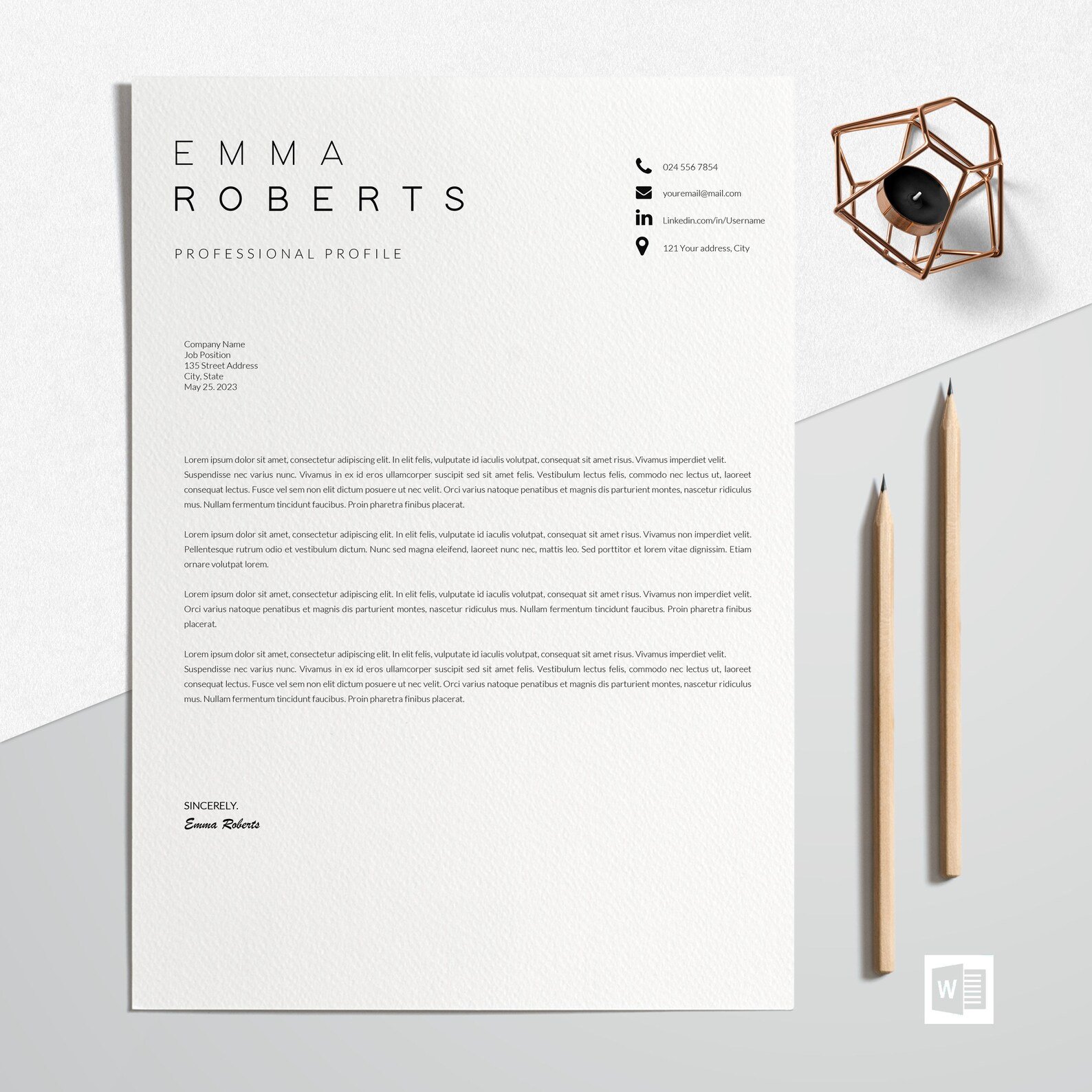 Professional letterhead with a pen and pencil.