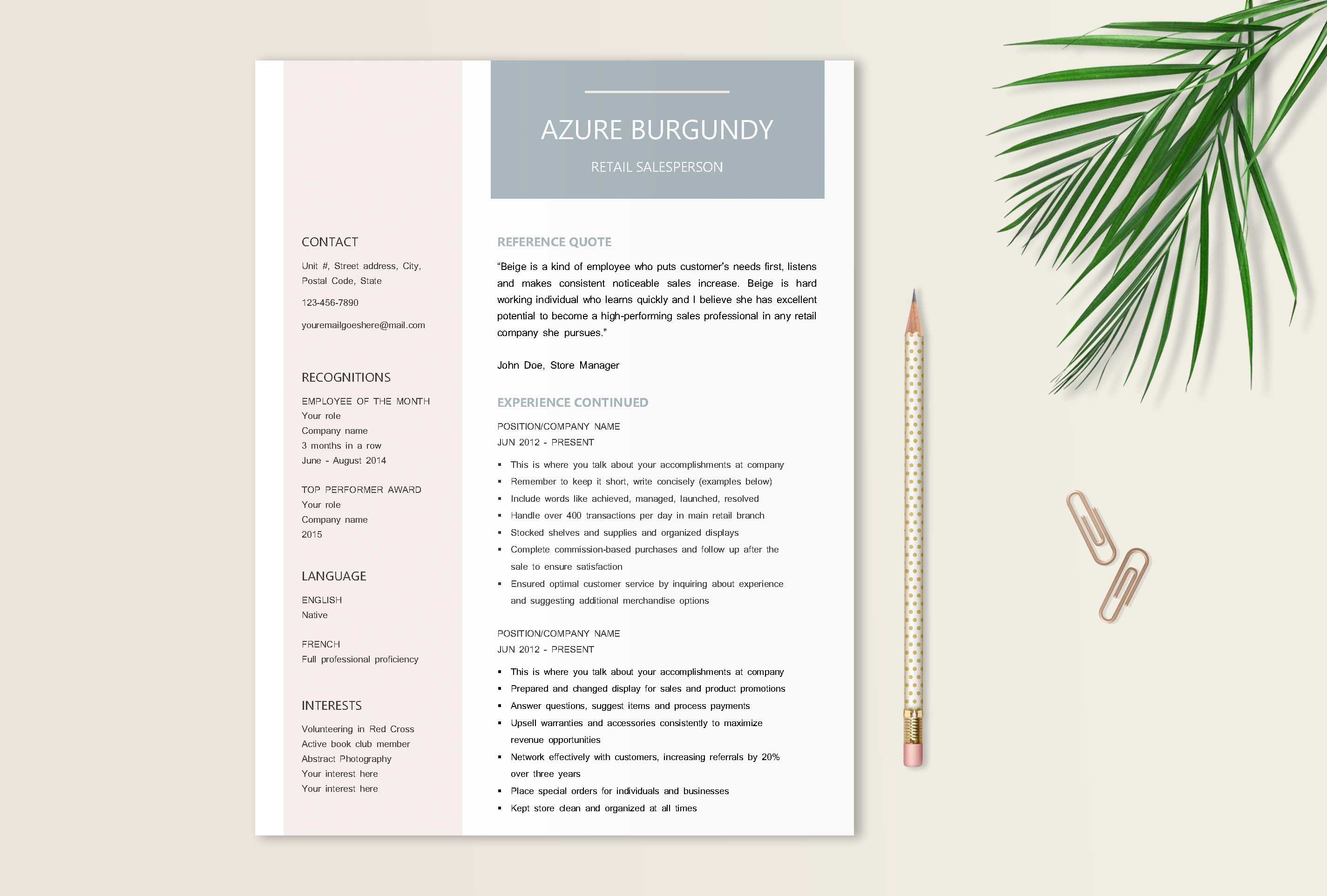 Pink and blue resume with a pencil.