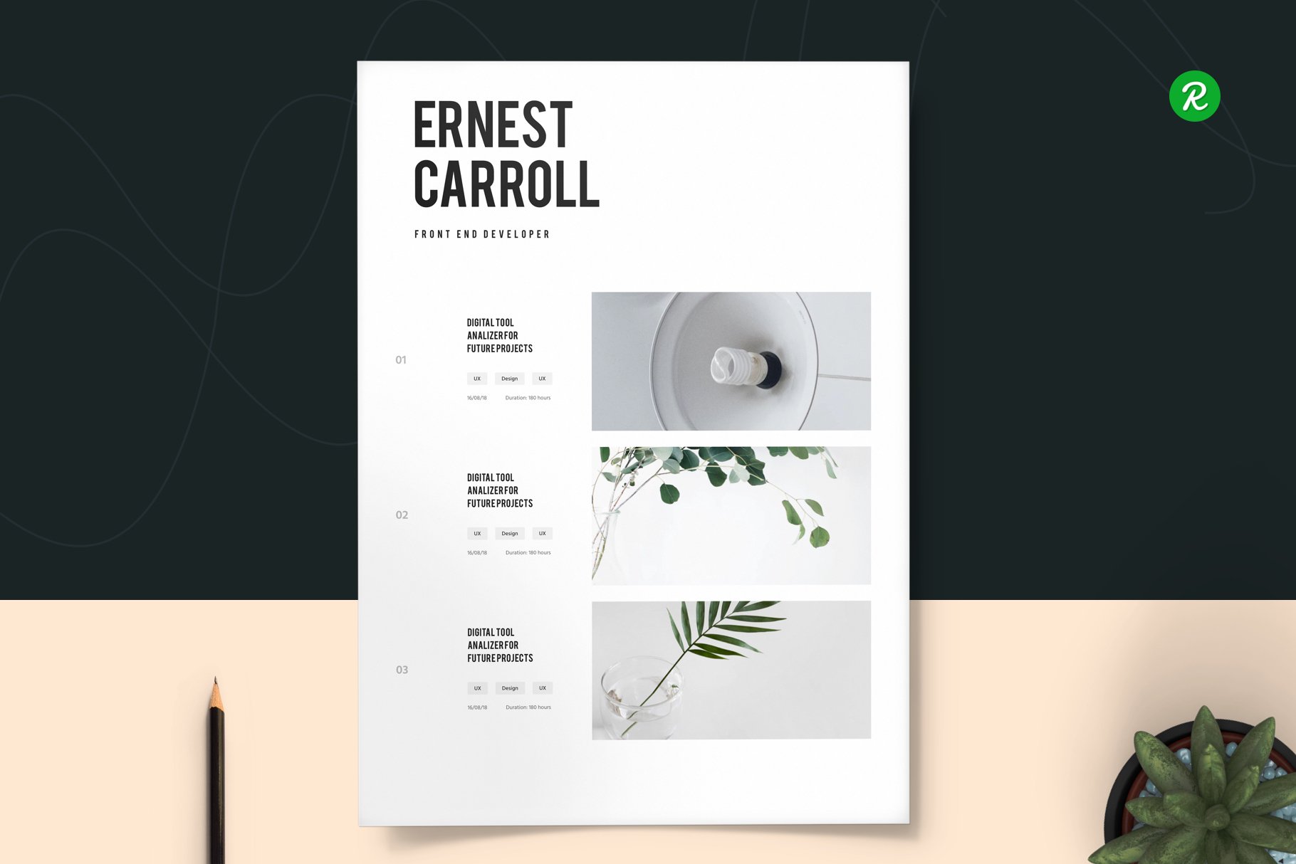 Brochure with a plant on top of it.