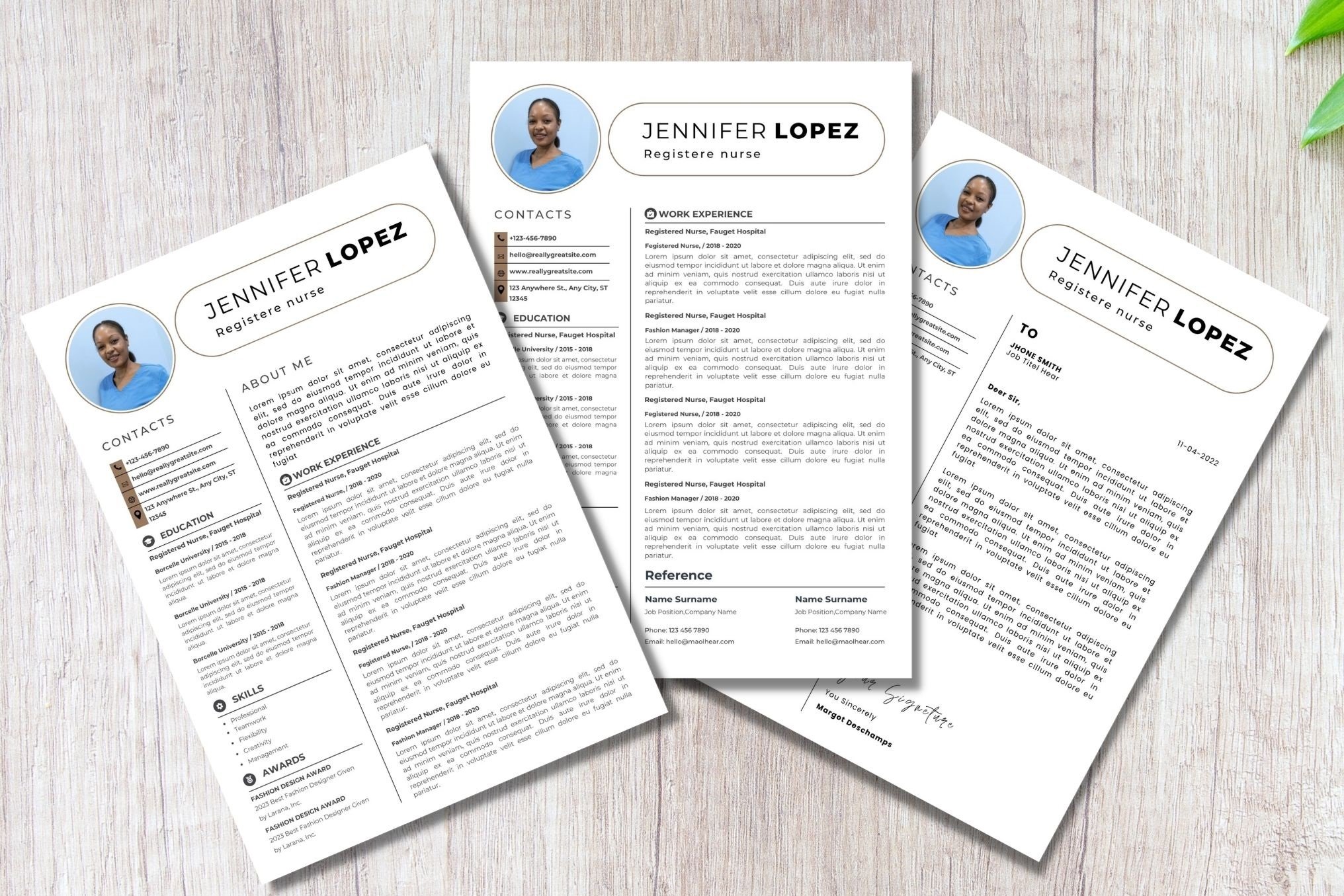 Three resume templates on a wooden table.