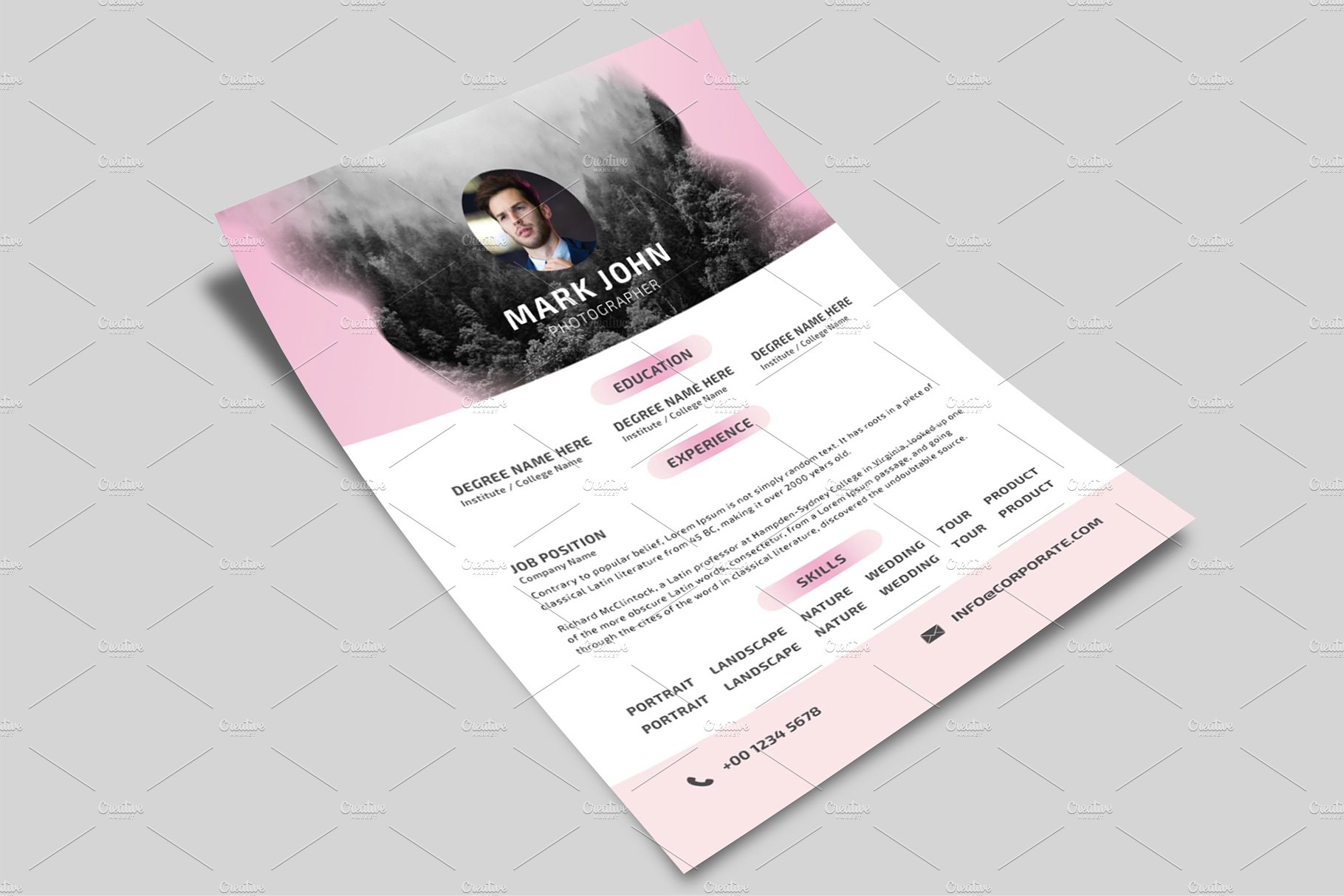 Pink and white resume template on a gray background.