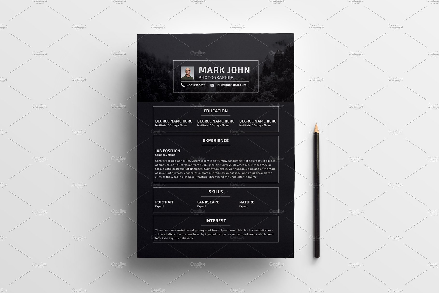 Black and white resume with a pencil.