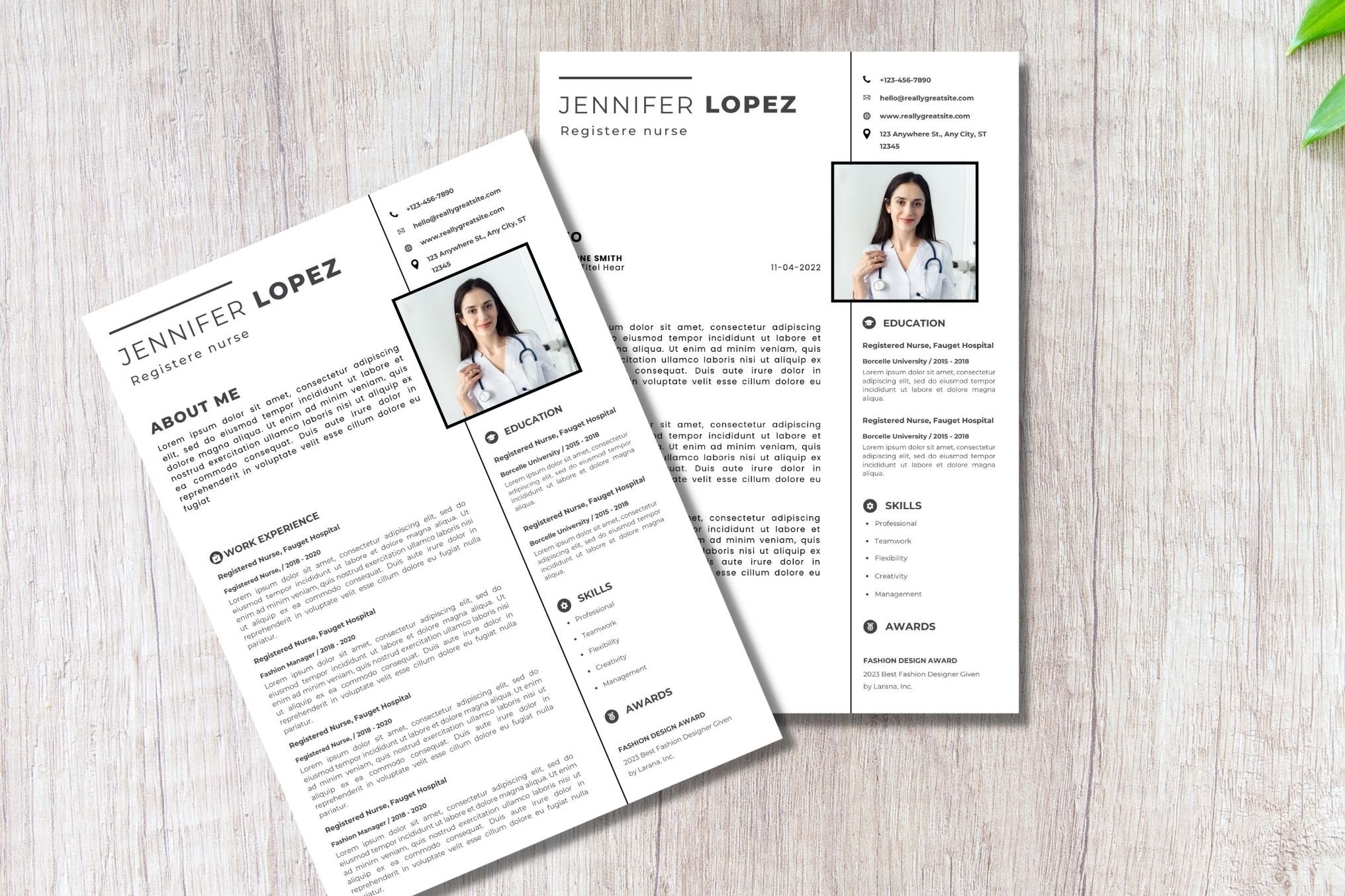 Two professional resume templates on a wooden table.