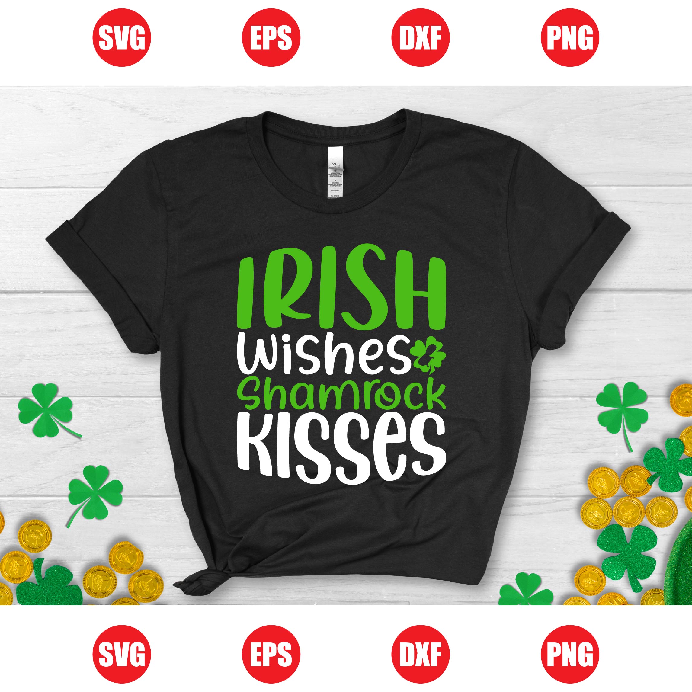 Irish Wishes & Shamrock Kisses T-shirt Design pinterest preview image.
