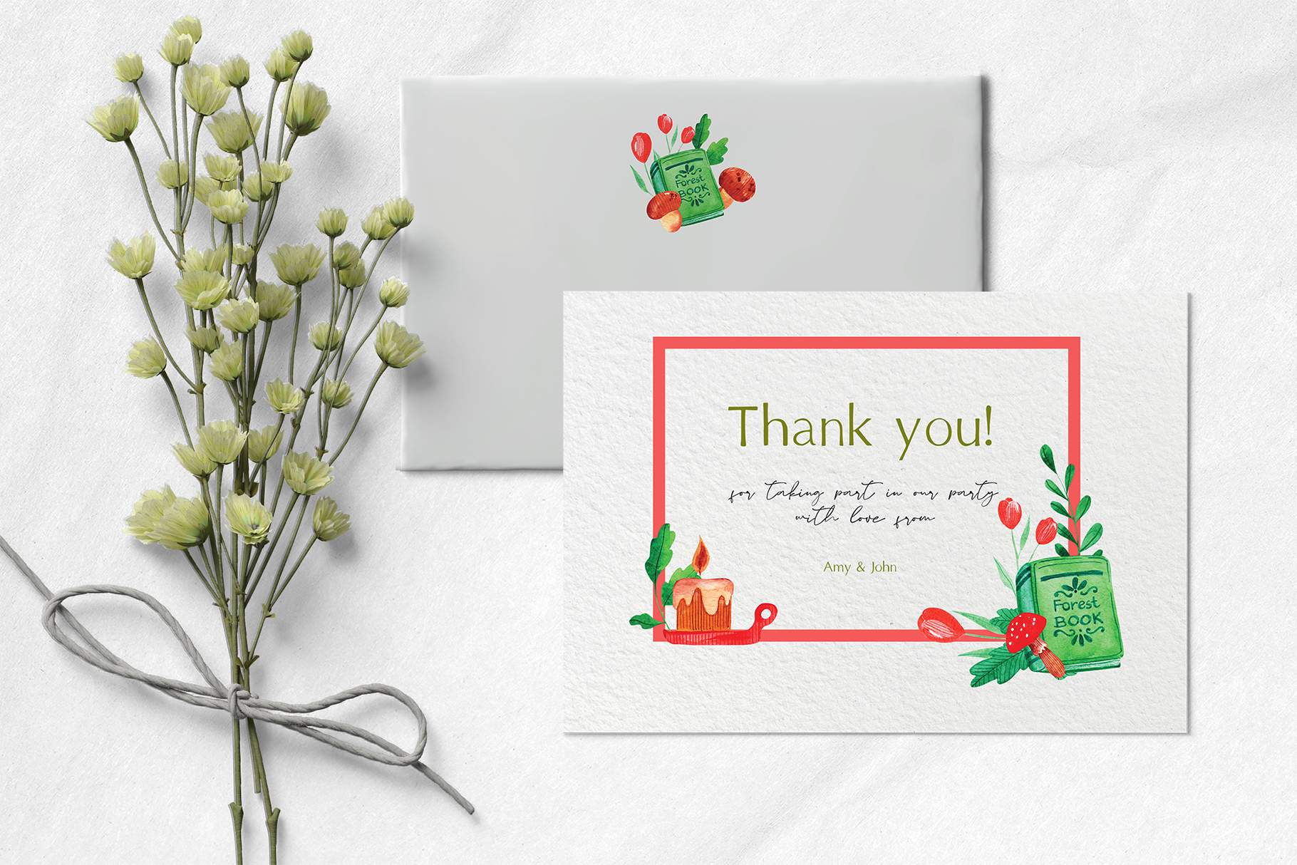 Thank card with a bouquet of flowers next to it.