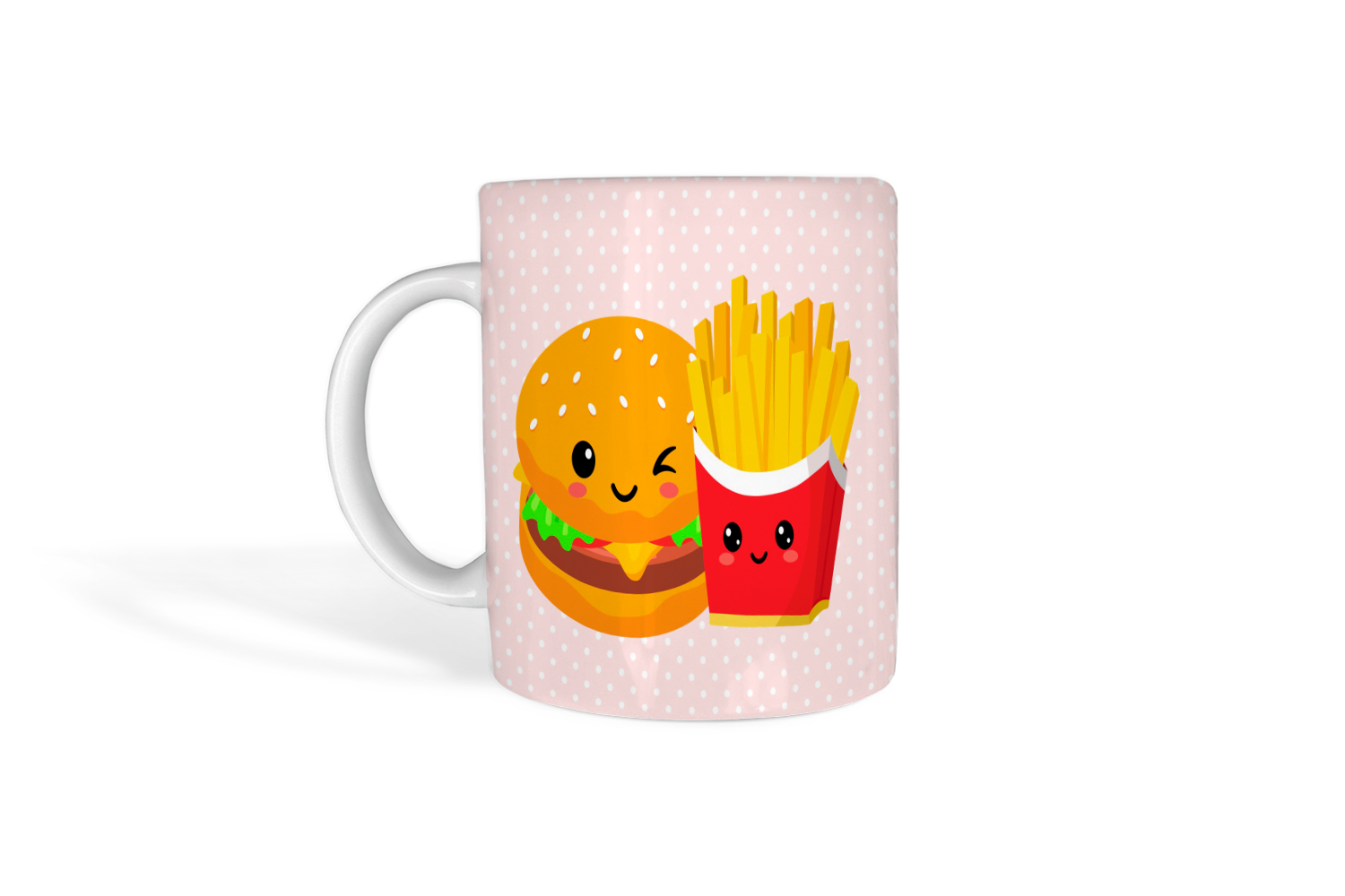 Coffee mug with a hamburger and fries on it.
