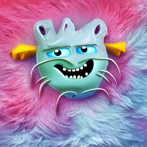 Green mask with yellow horns on a pink and blue background.