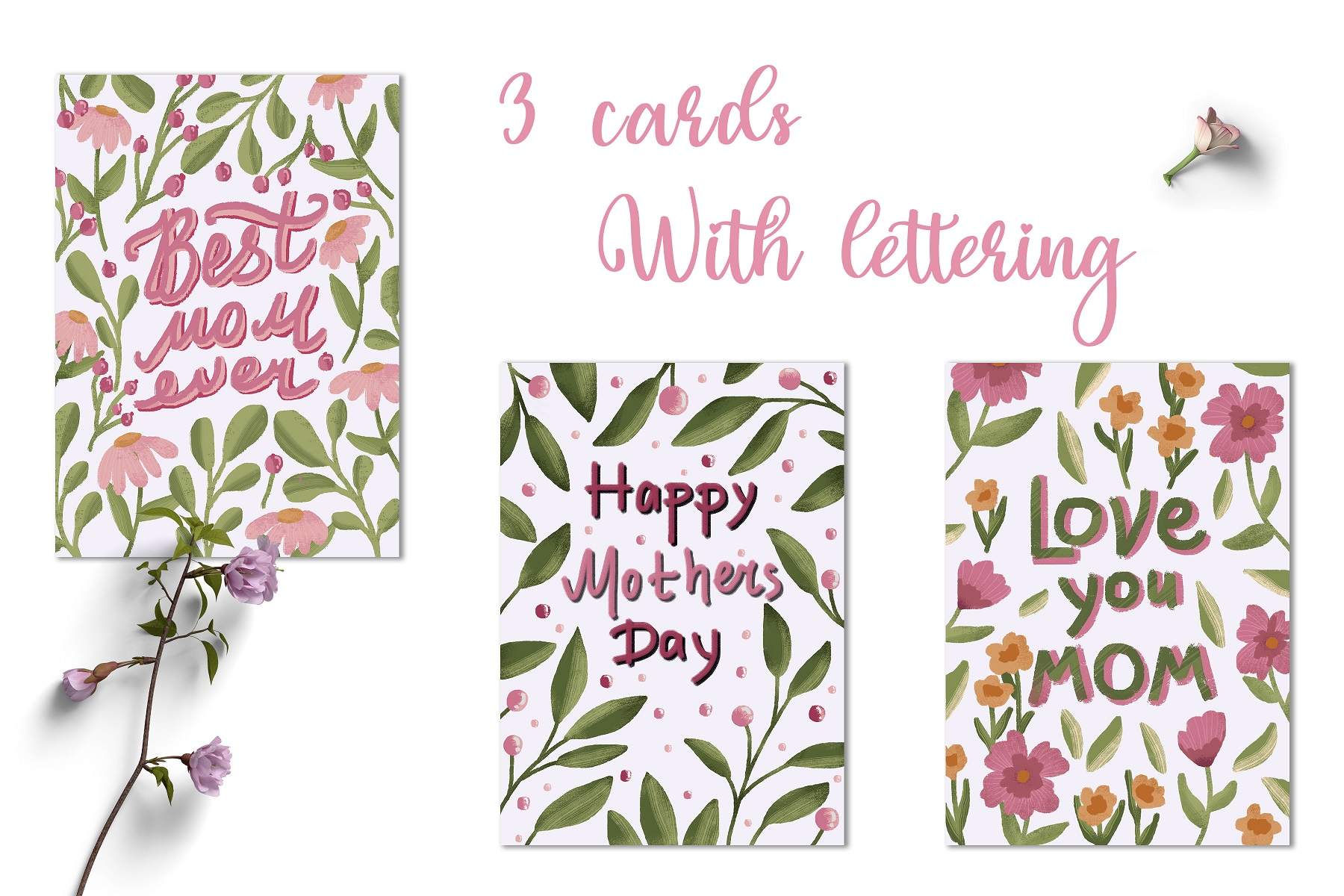 Three cards with lettering and flowers on them.