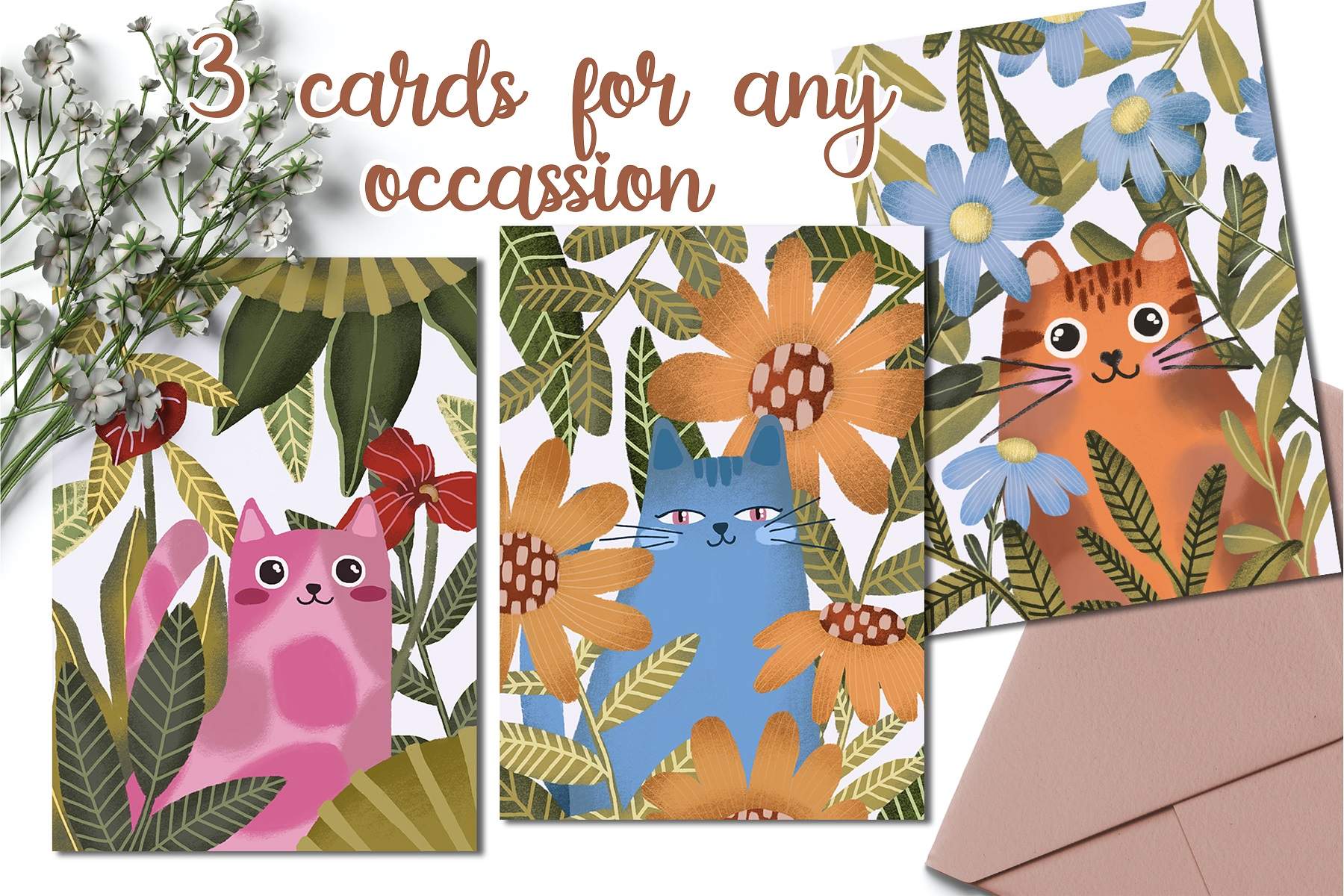 Three cards for any occasion with cats and flowers.