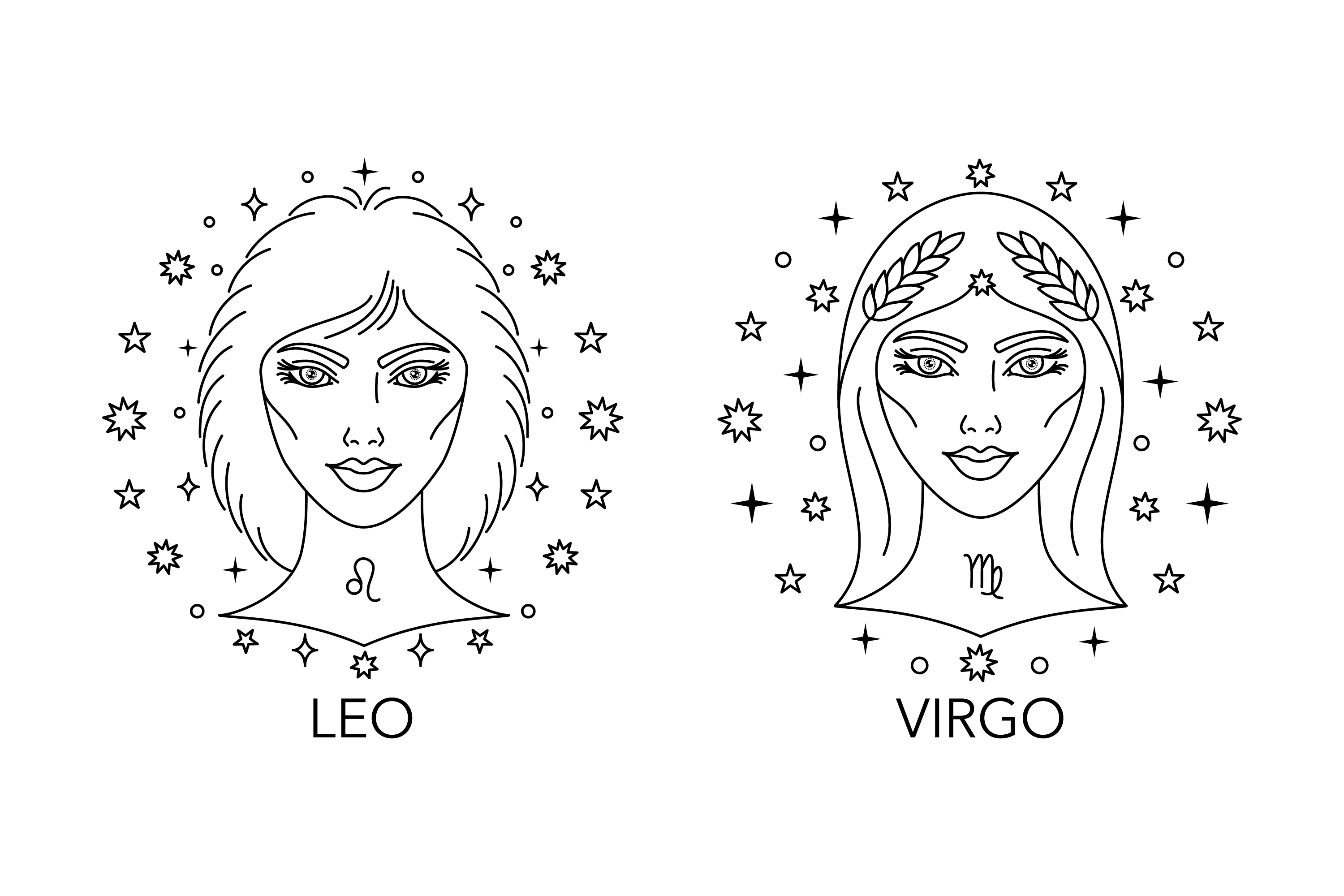 Line drawing of two women with zodiac signs on their faces.