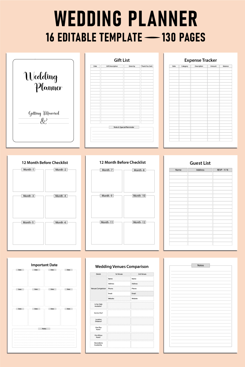 Editable Wedding Planner for KDP Interior pinterest preview image.