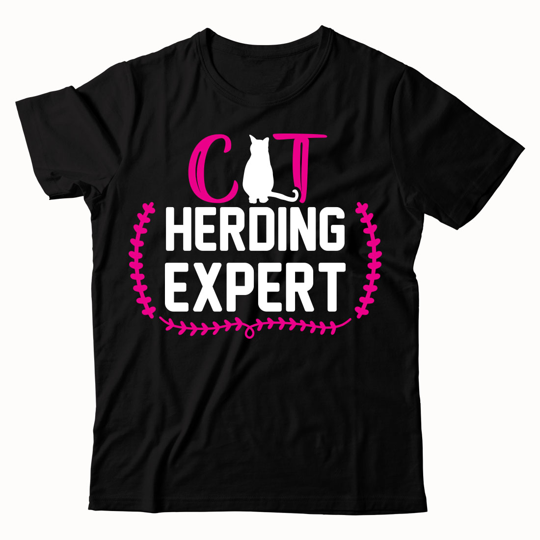 Black t - shirt with pink lettering that says cat herding expert.