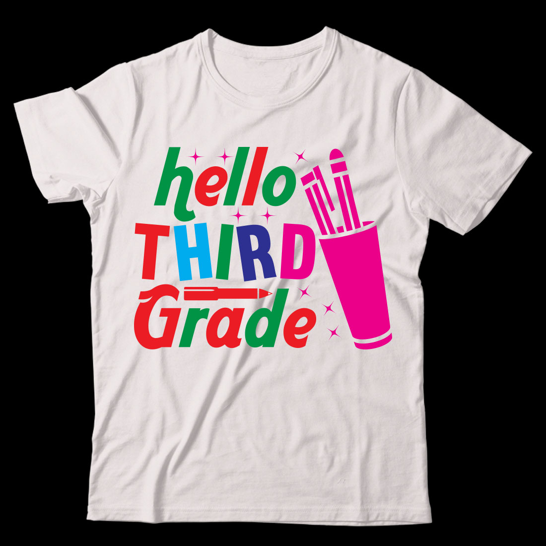 White t - shirt with the words hello third grade on it.