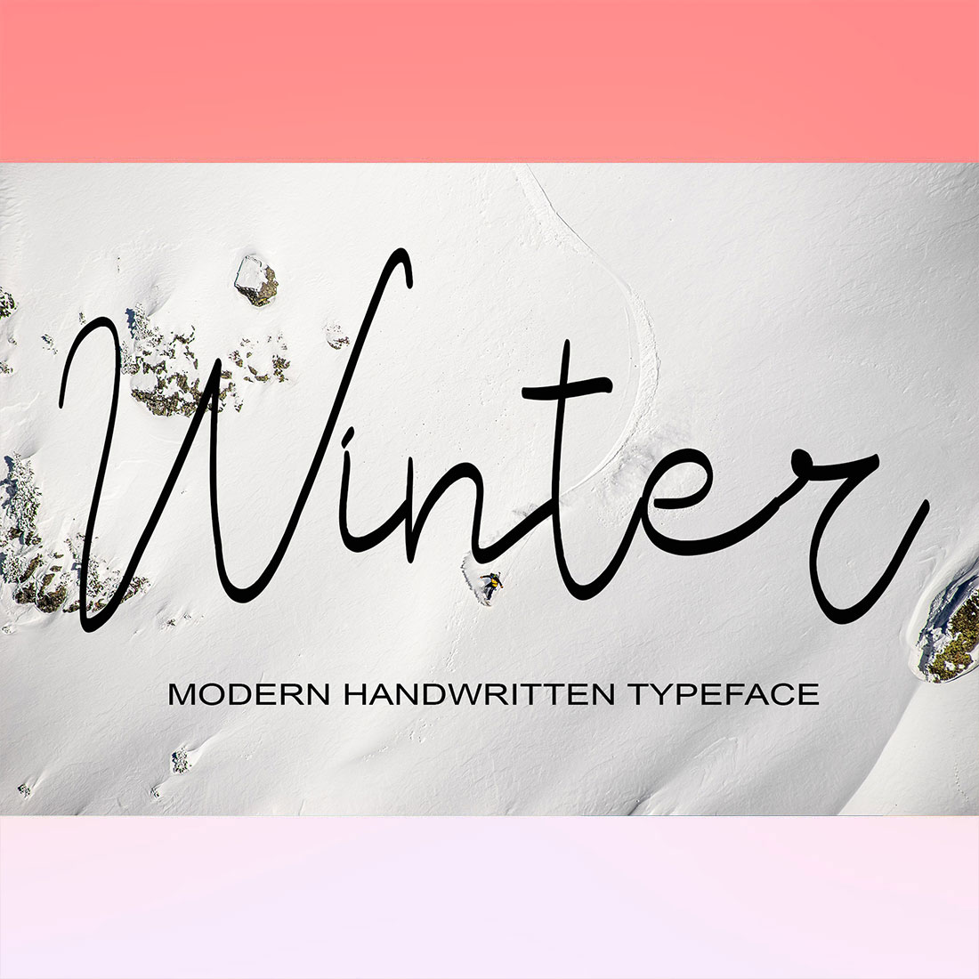 The word winter written in black ink on a pink and white background.
