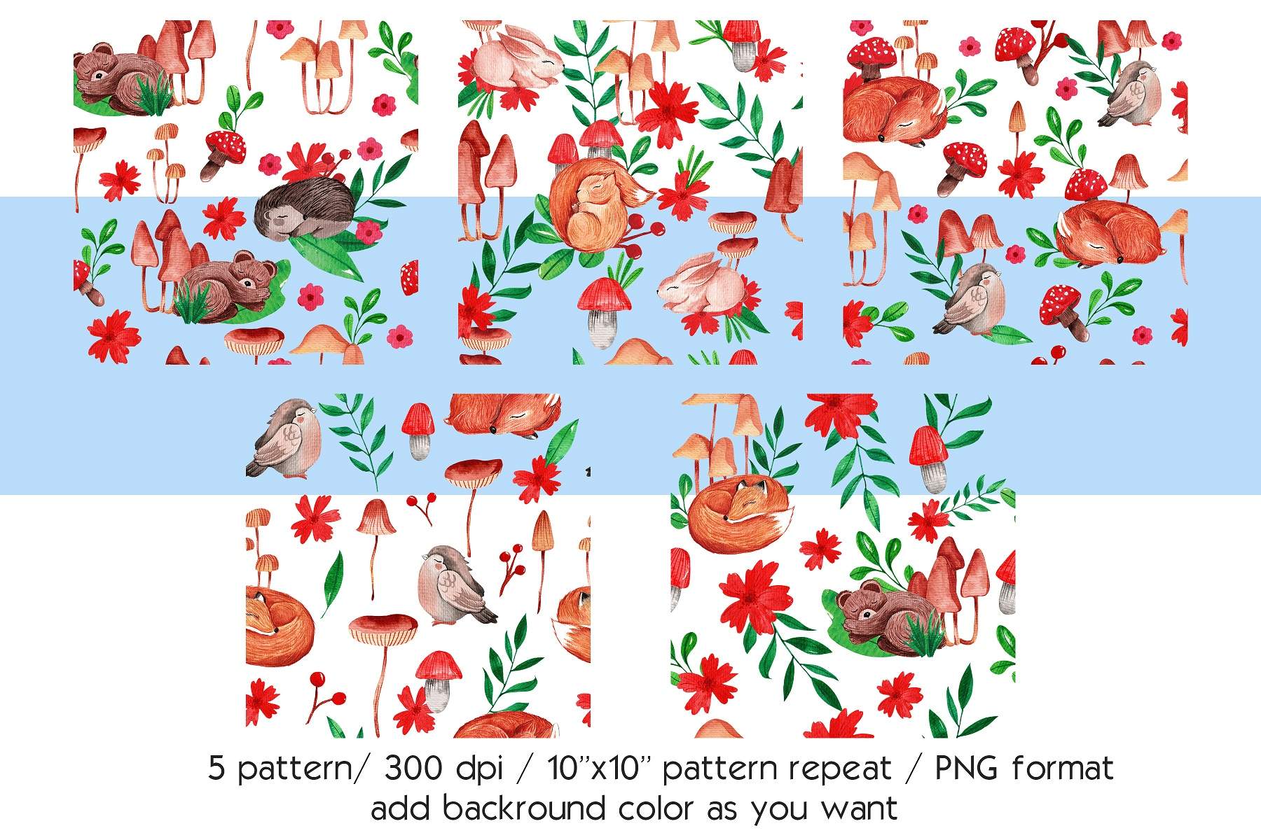 Pattern of animals and flowers on a blue and white background.