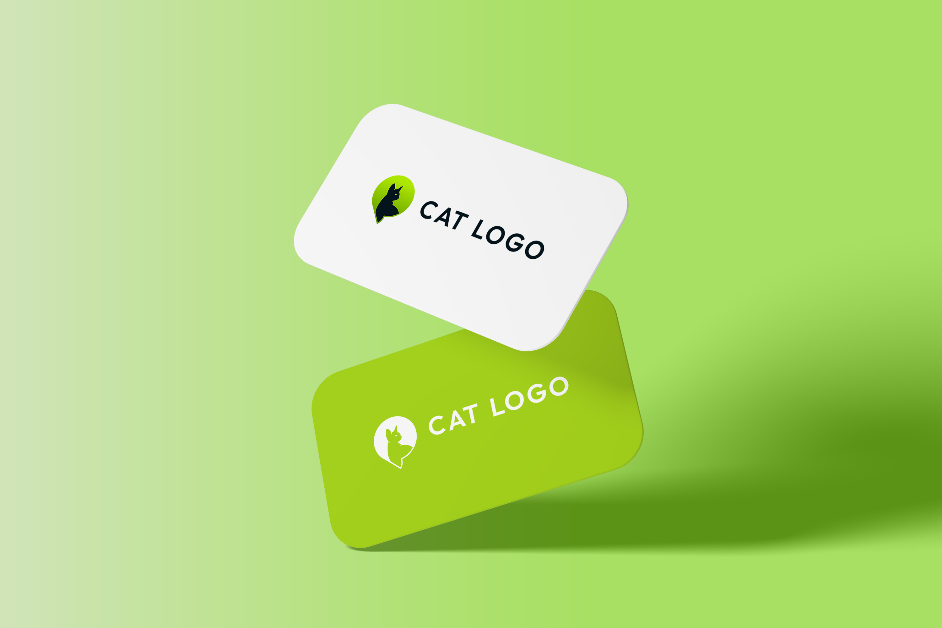 Green business card with a cat logo on it.