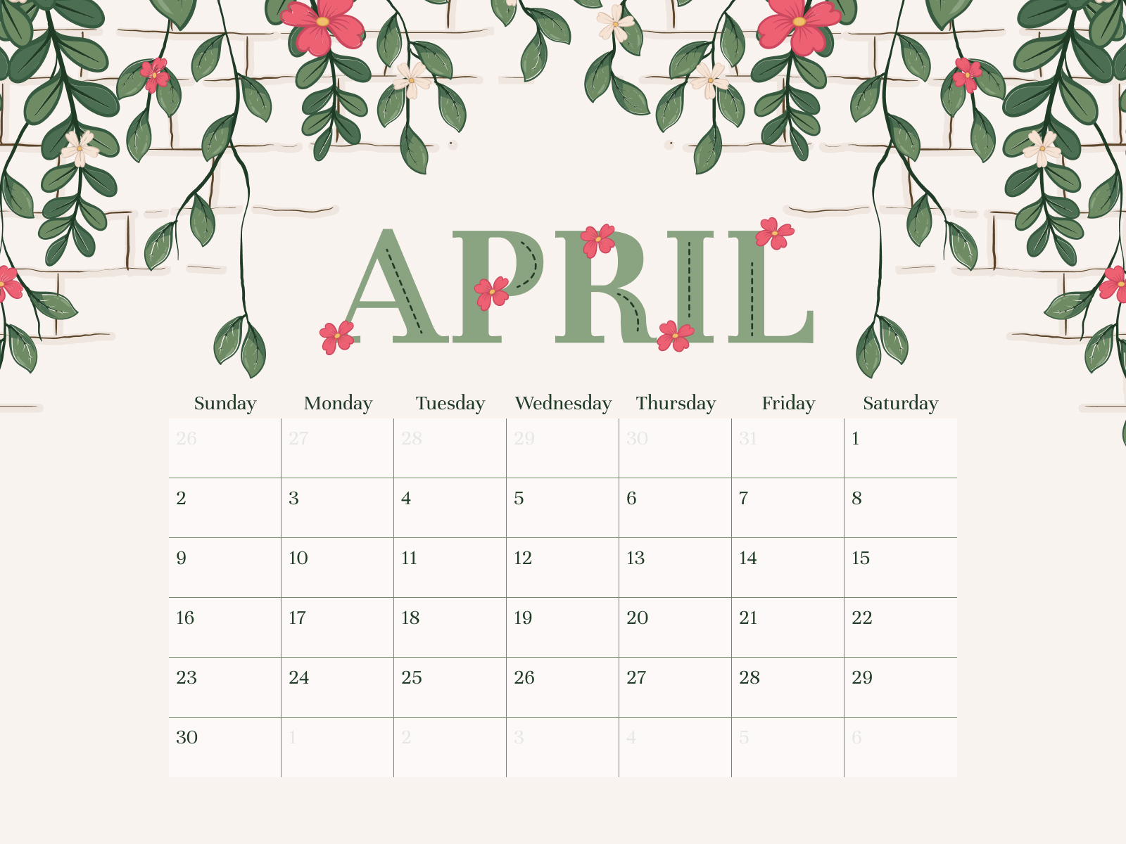 Calendar for the month of april with flowers.