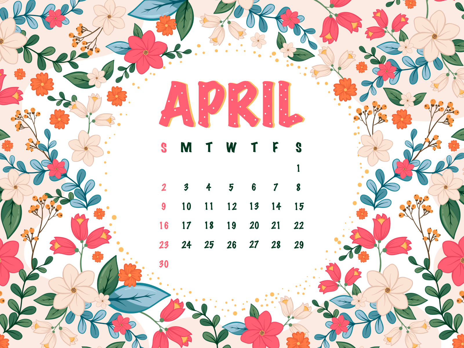 Calendar with flowers and leaves around it.