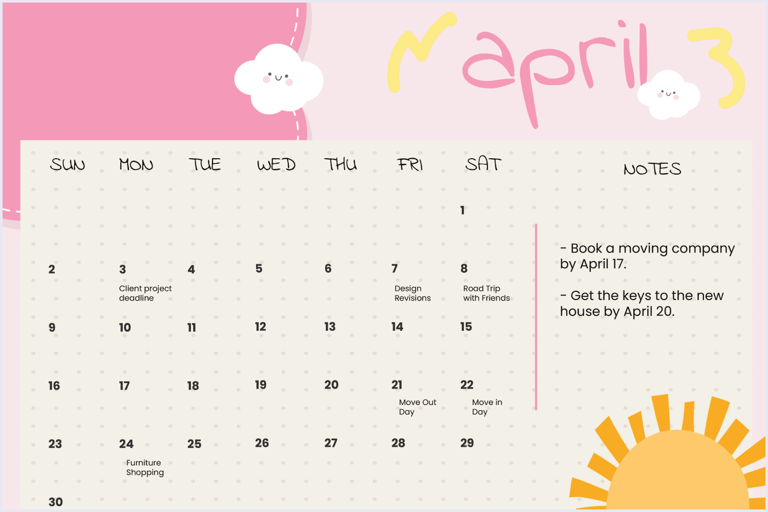 Cute April 2023 Calendar Template with drawn sun.