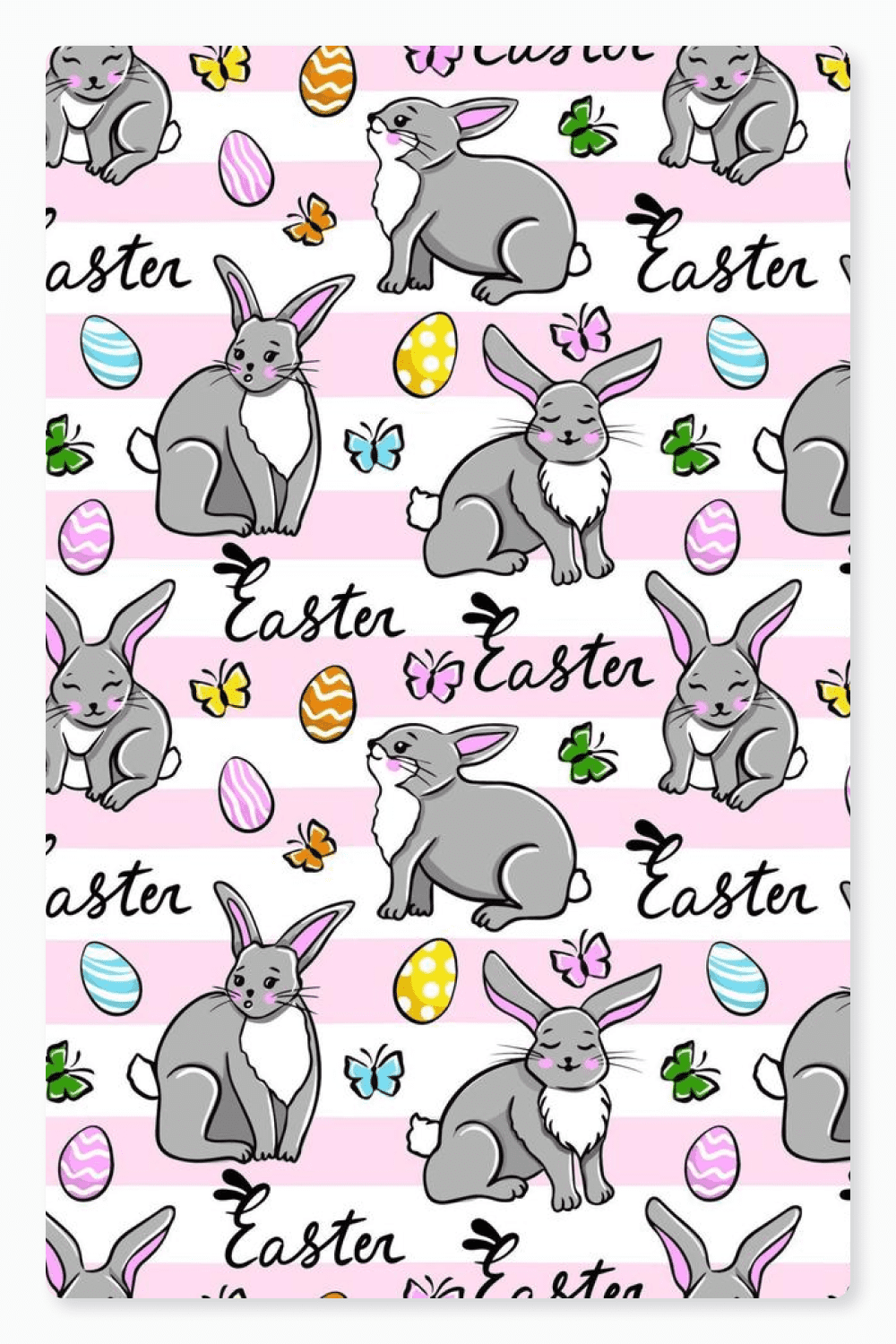 Collage of patterns depicting a rabbit, eggs and butterflies in different poses.