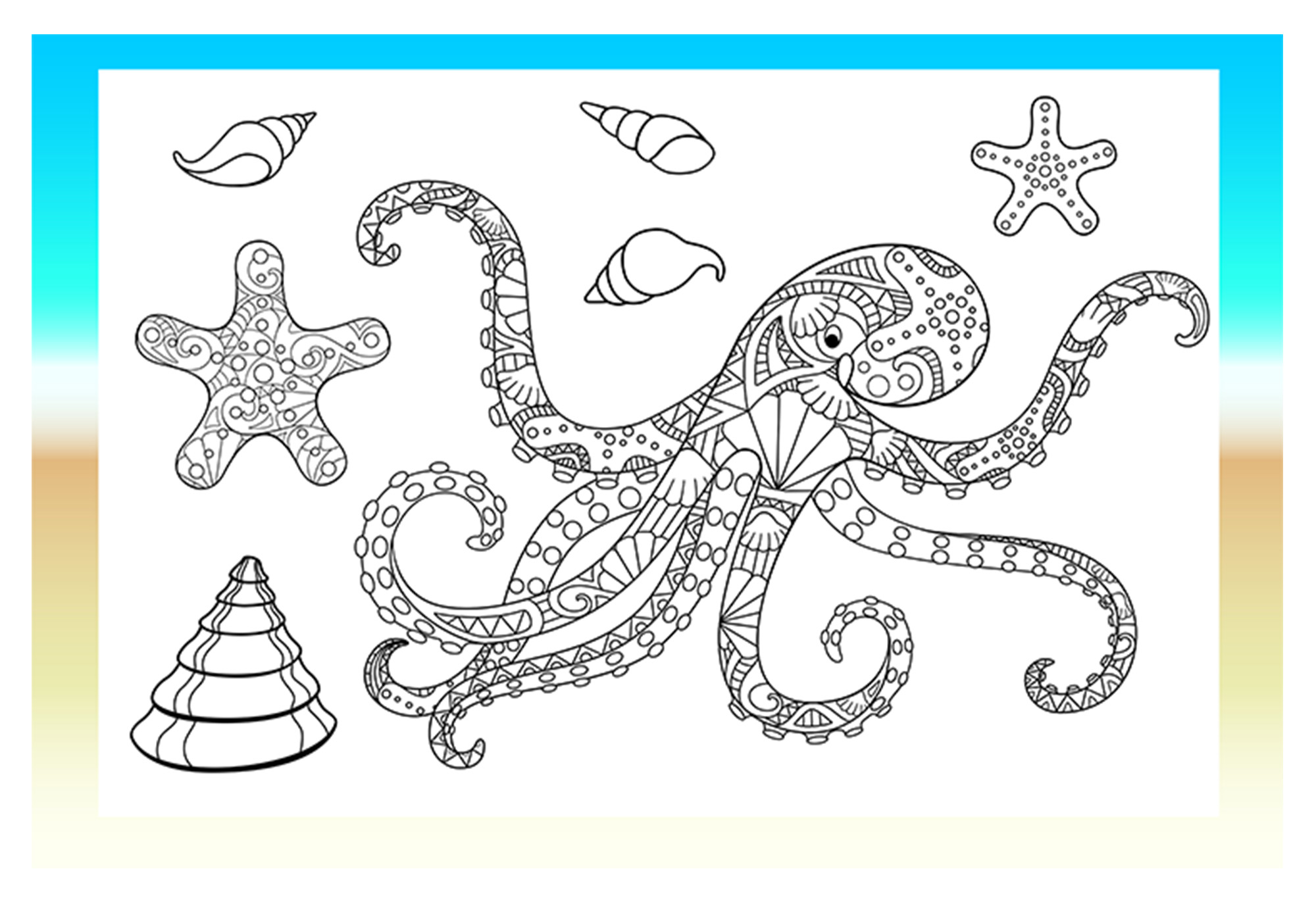 Coloring page with an octopus and starfish.