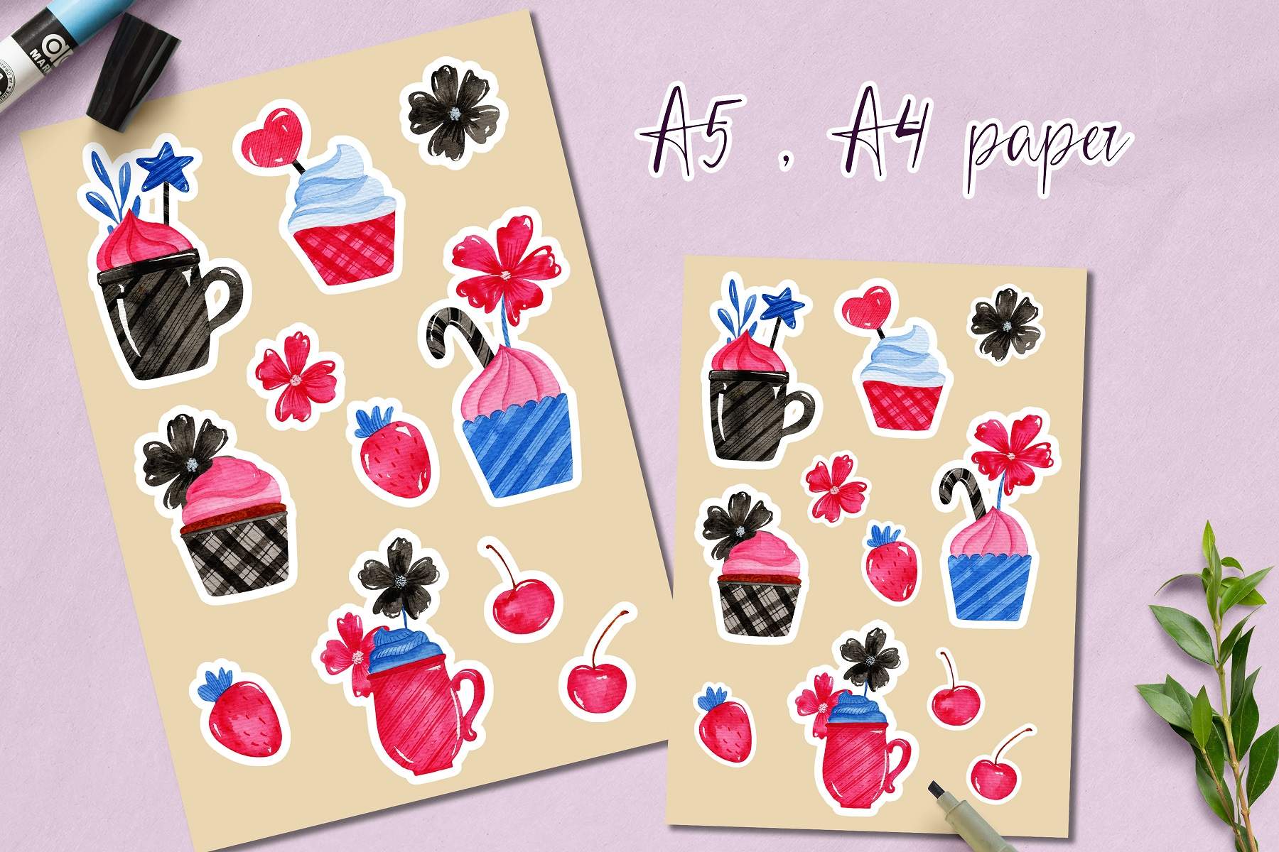 Pair of stickers of coffee cups and cherries.