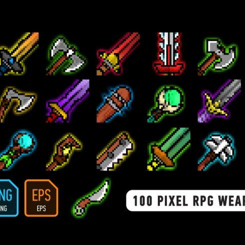 100 Pixel RPG weapon icons cover image.