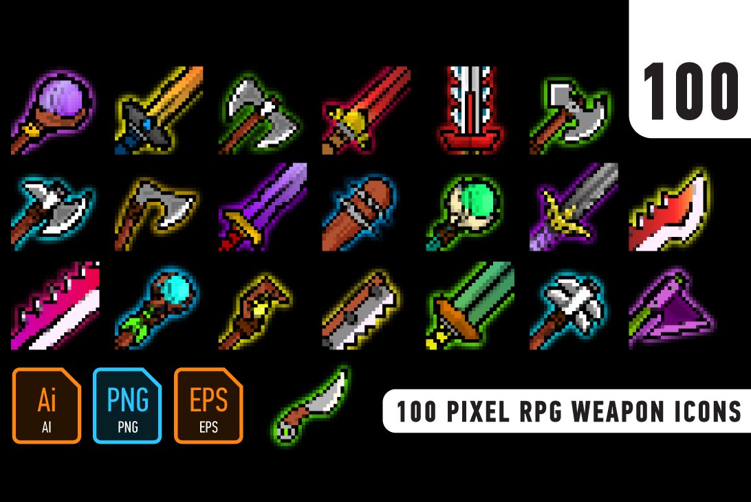 100 Pixel RPG weapon icons cover image.