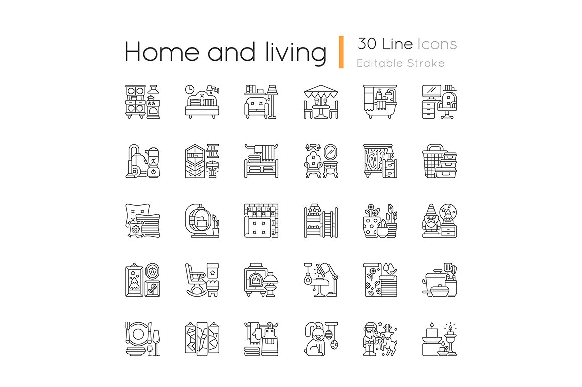 Home and living linear icons set cover image.