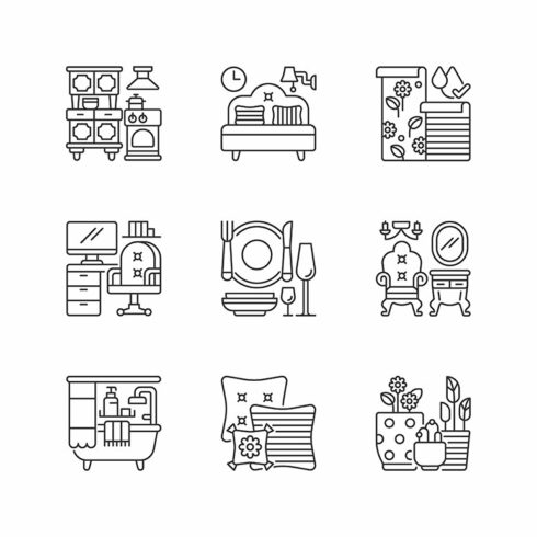 Home furnishing linear icons set cover image.
