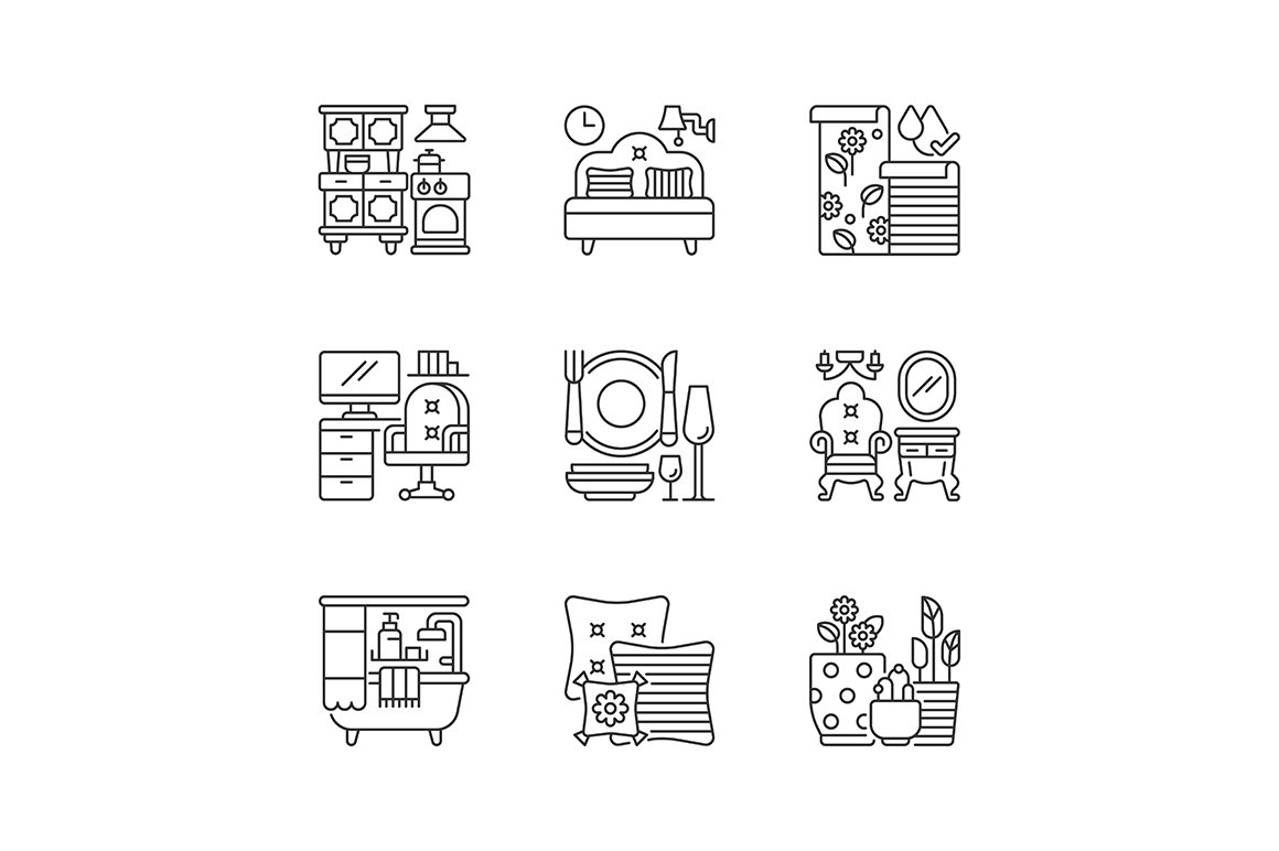 Home furnishing linear icons set cover image.