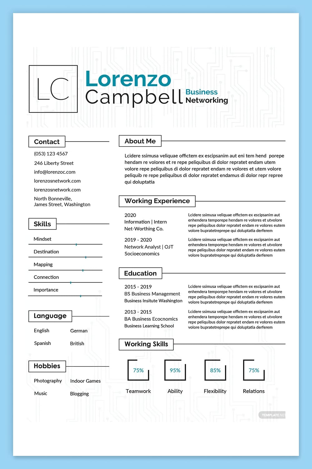 Resume with two columns and geometric elements and infographics.