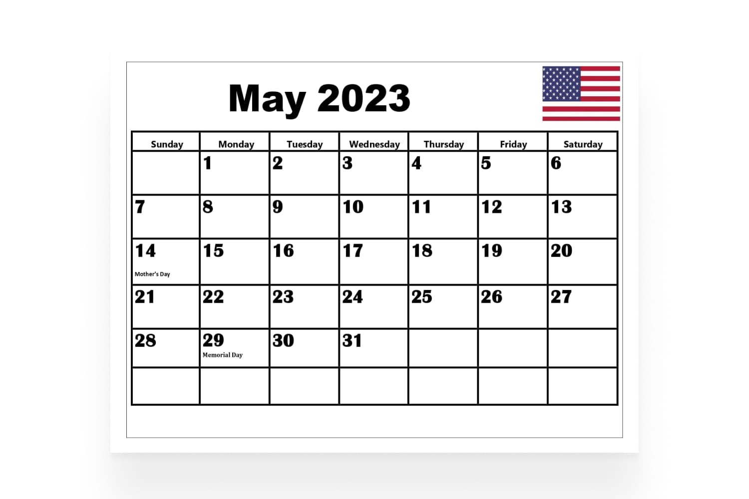 Chic and minimalistic May 2023 calendarwith all national holidays in the United States.