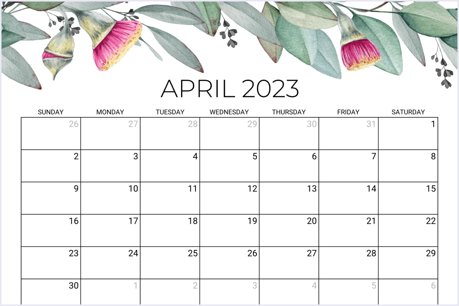 Calendar for April 2023 with eucalyptus flowers.