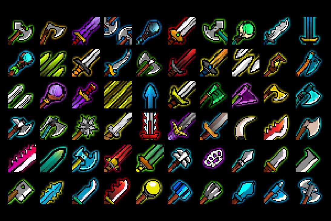 100 Pixel RPG weapon icons preview image.