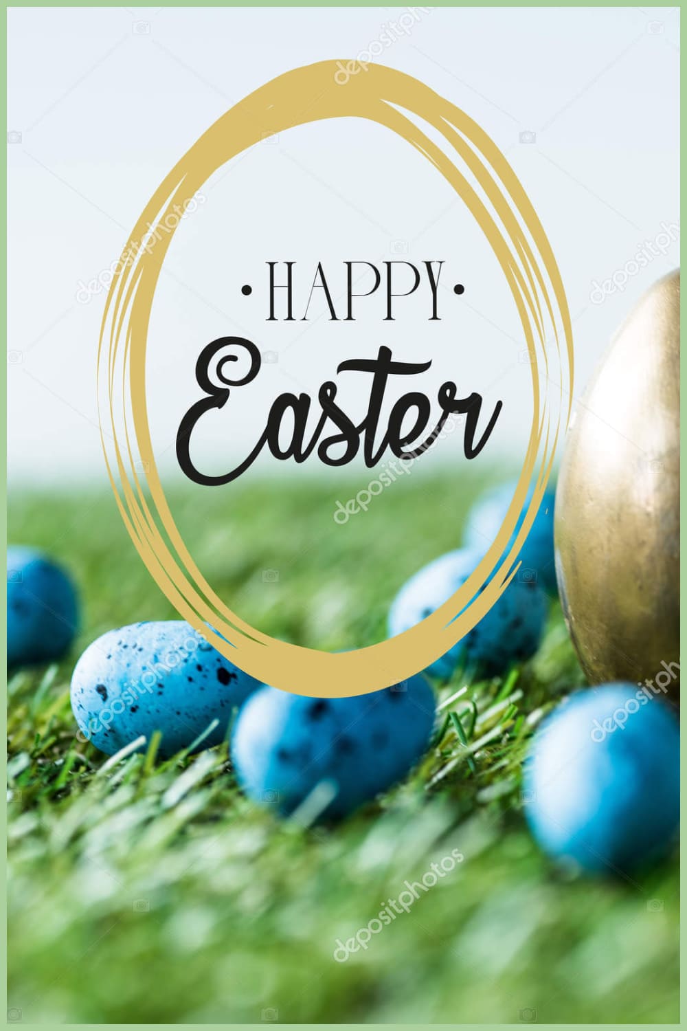 Blue painted quail eggs on green grass near golden chicken egg and happy Easter lettering in circle.