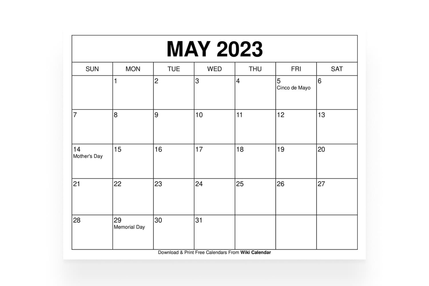 White simple May calendar that holds special dates.