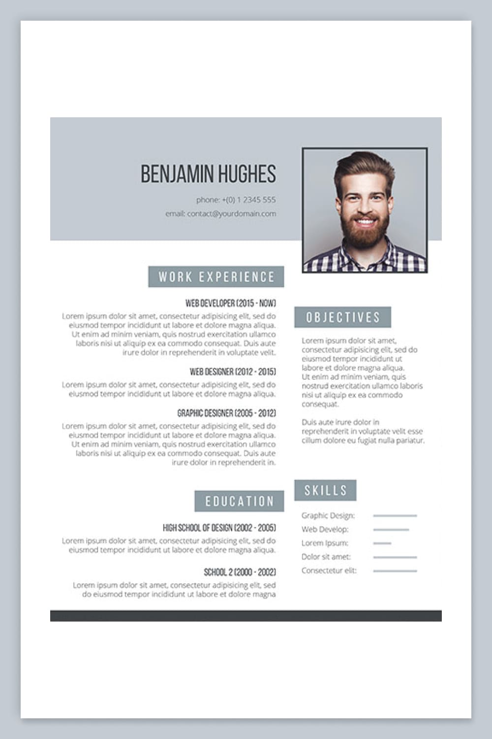 Resume with two columns, gray color scheme and photo.