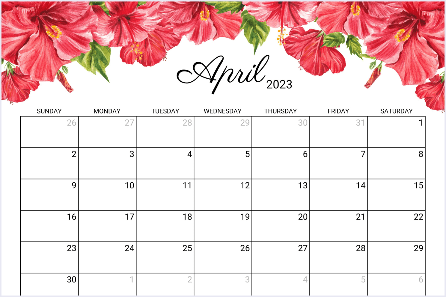 April Calendar template with a bold hibiscus border.