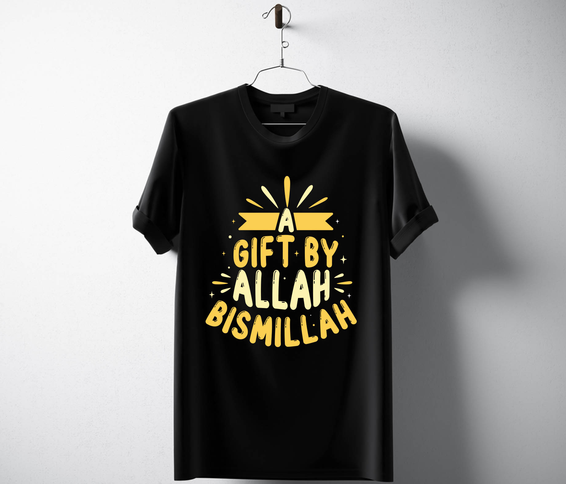 Black t - shirt with the words a gift by allah bismillah.