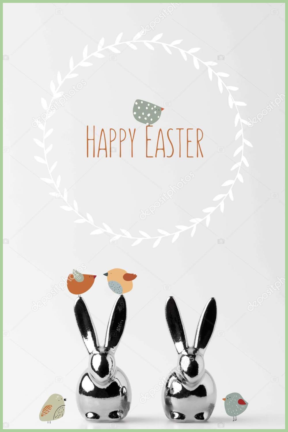 Two statuettes of easter bunnies with drawn birds and happy easter lettering on white.
