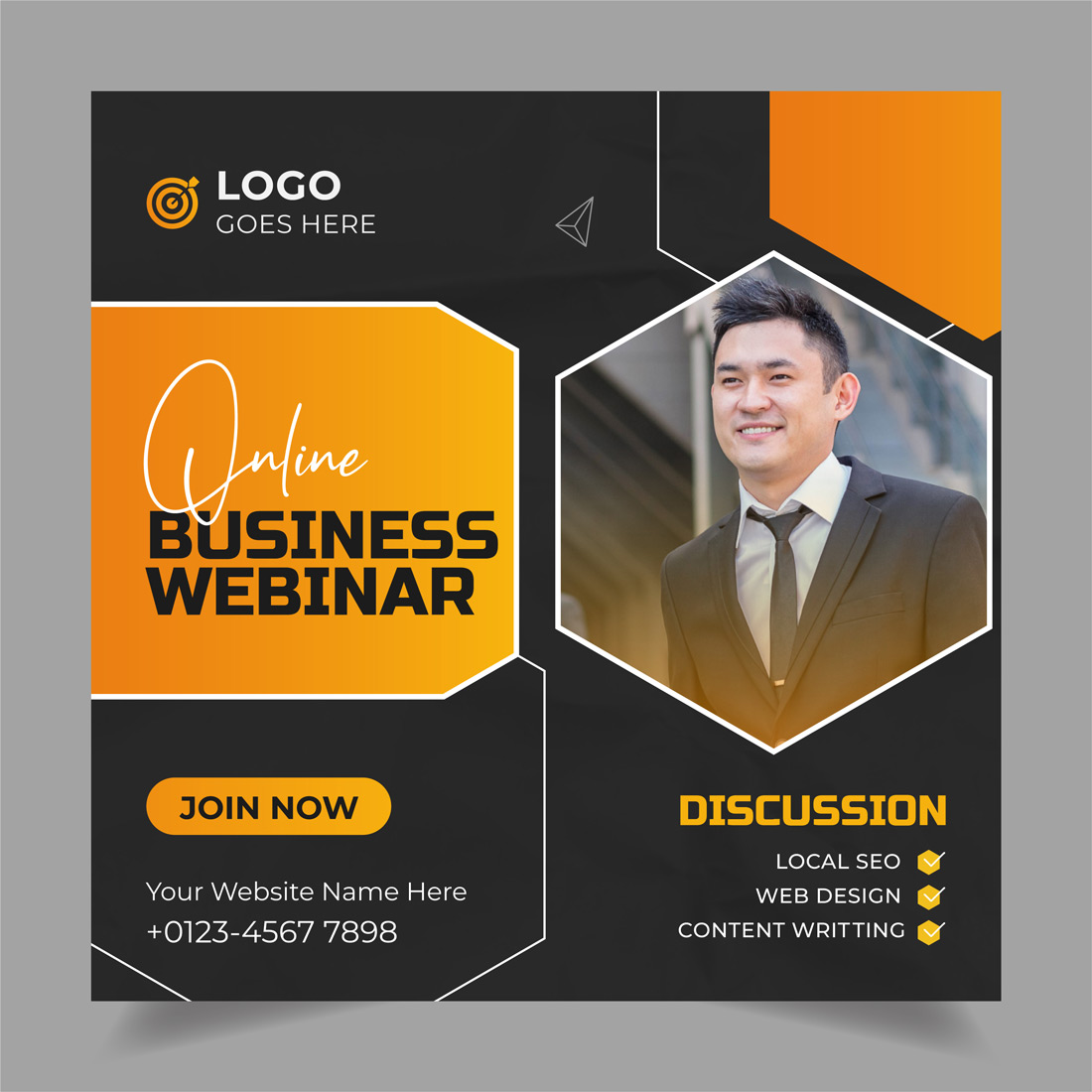Black and orange business flyer with a picture of a man.