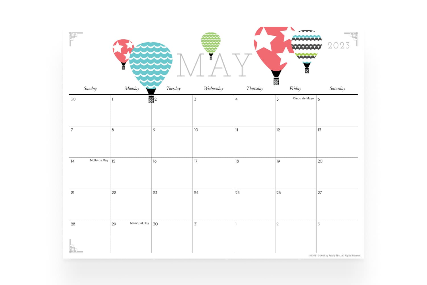May calendar with air balloons.