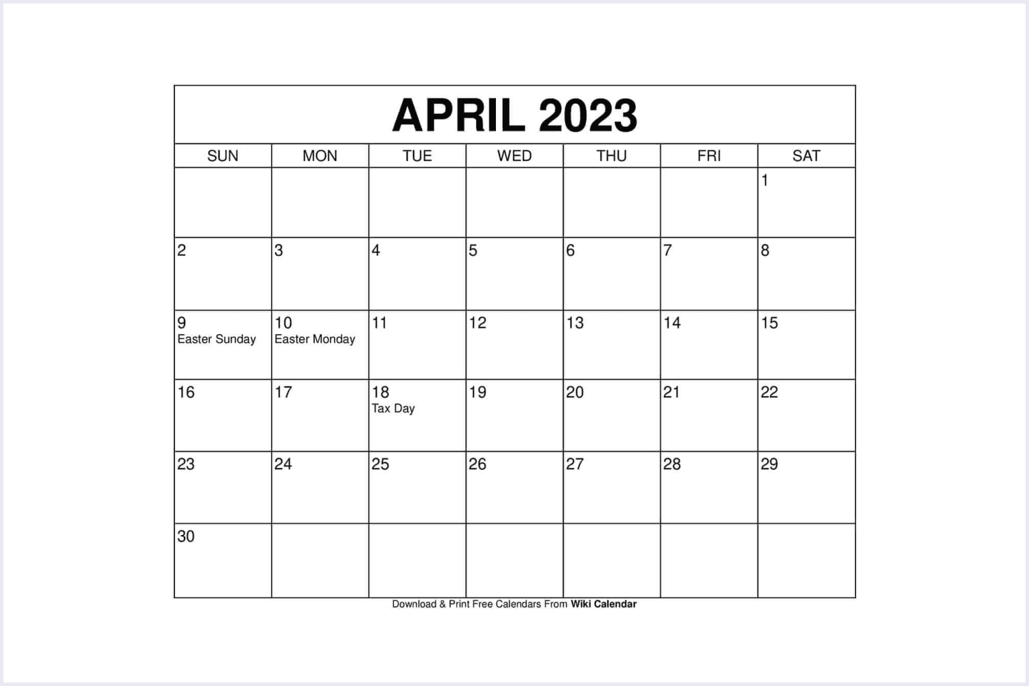 Calendar for April 2023 in a minimalist style.
