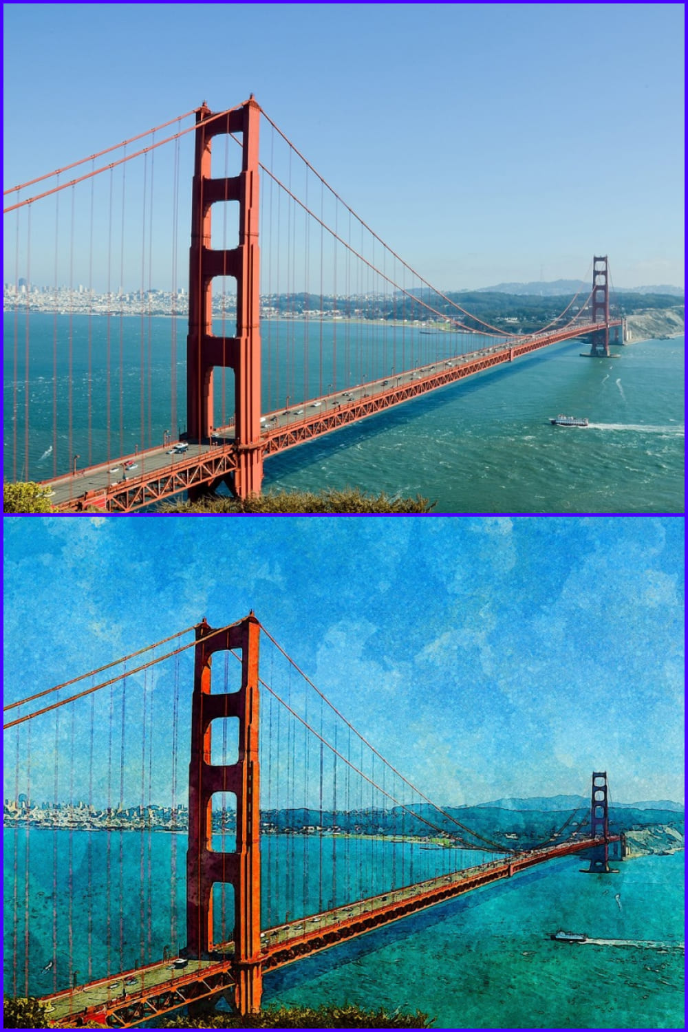 A collage of two photographs of the Golden Gate Bridge with a watercolor effect.