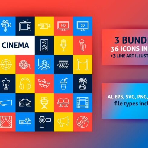 Cinema Line Vector Icons Set cover image.