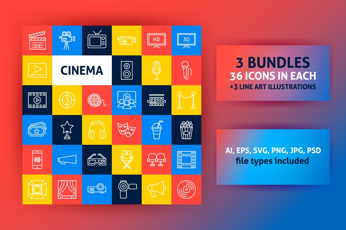 Cinema Line Vector Icons Set cover image.